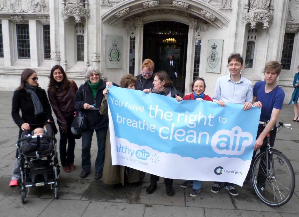 Members of ClientEarth and the Healthy Air campaign celebrate today's Judgement outside the Supreme Court